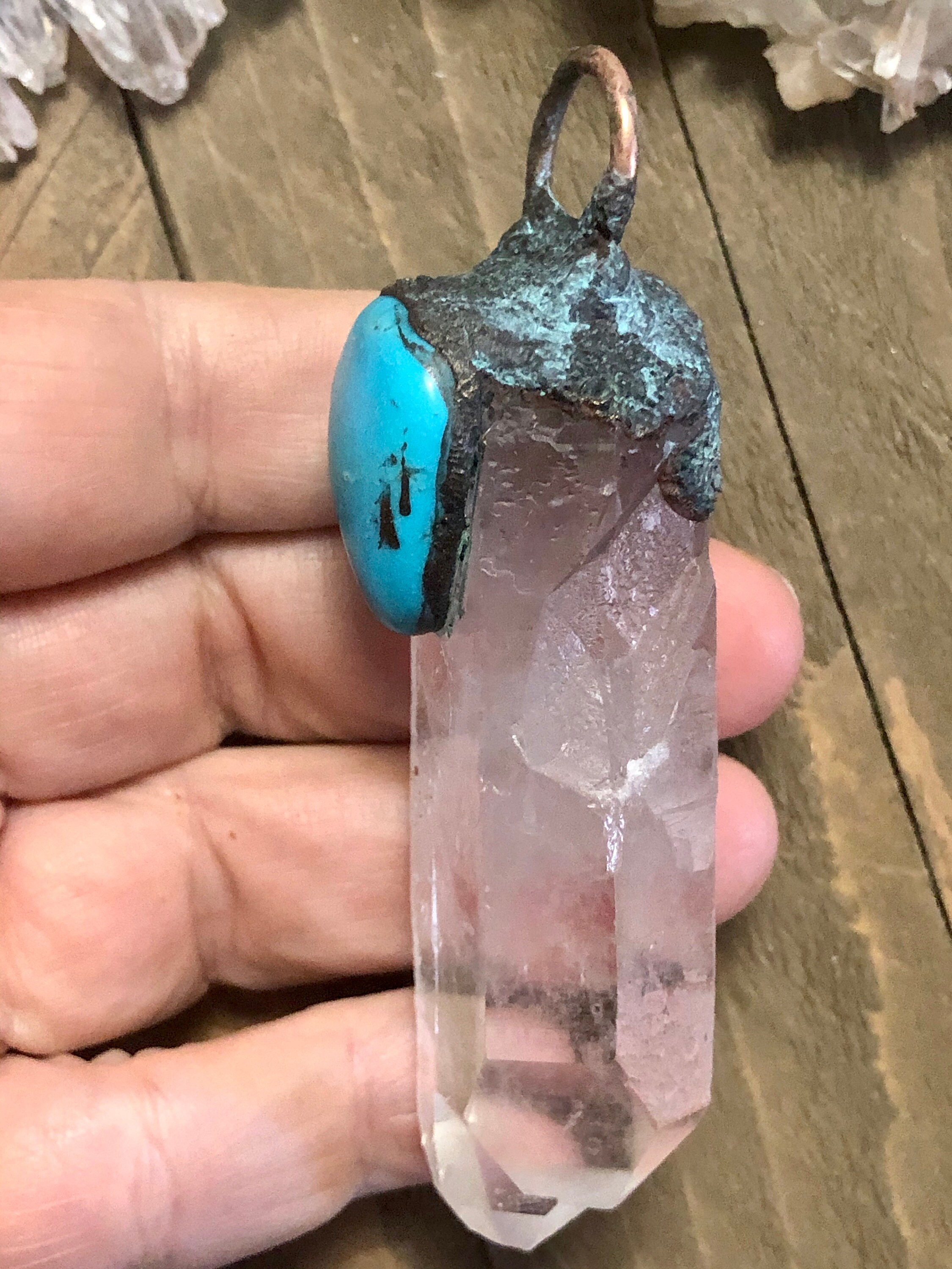 Quartz Crystal point large Pendant w/ Turquoise stone headturning