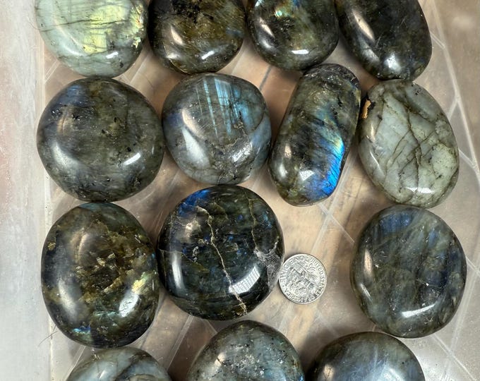 labradorite Palm Stone, Smooth Polished Stone, w/ natural fractures and pits