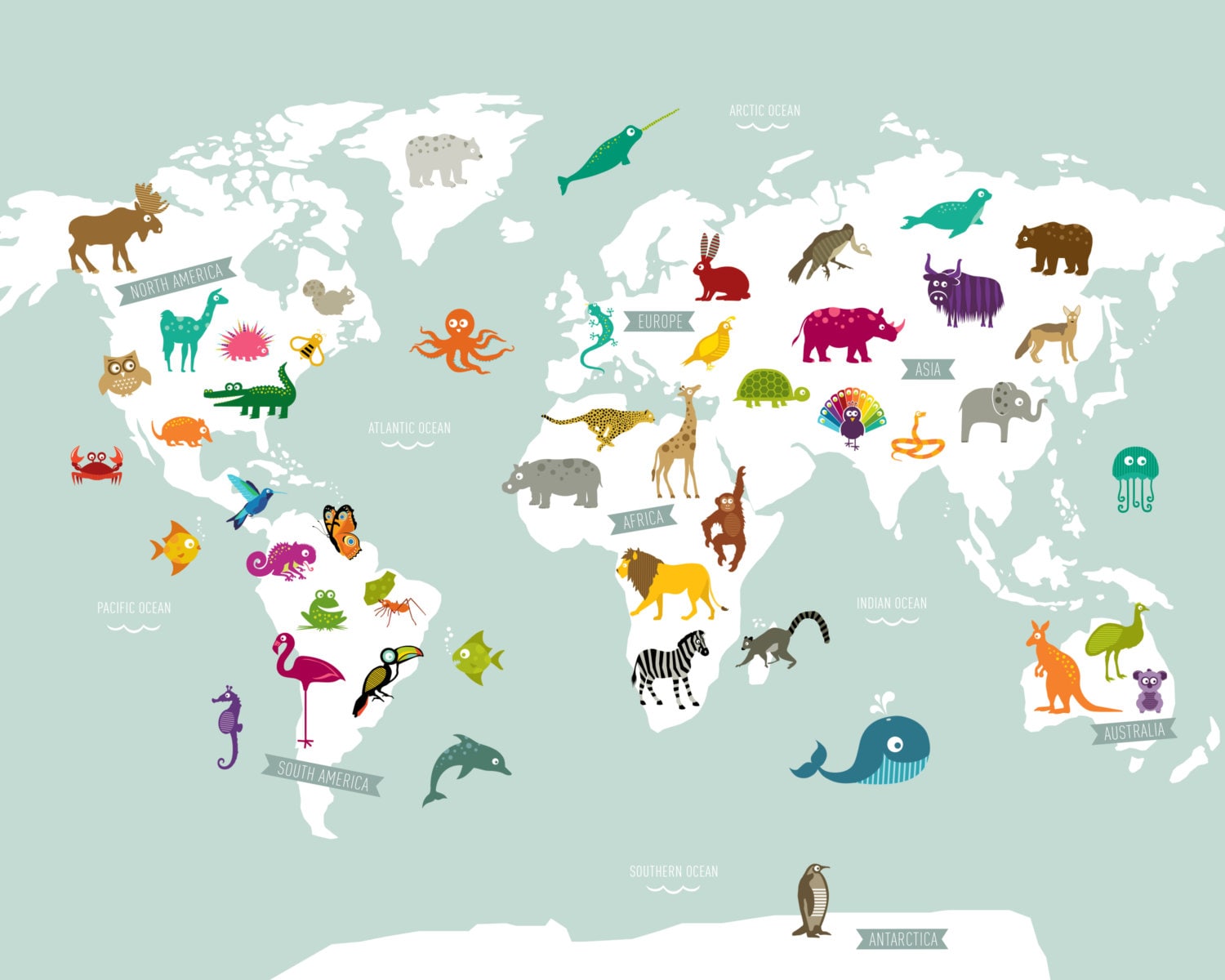 Animal World Map Poster Print Etsy
