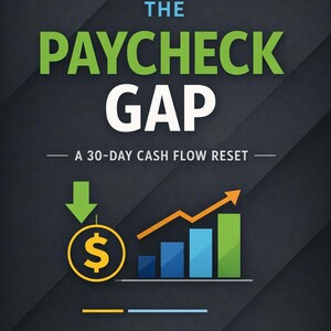 May include: A book cover titled THE PAYCHECK GAP A 30-DAY CASH FLOW RESET. The design features a yellow dollar sign icon with a green downward arrow, a multi-colored bar graph with an upward orange arrow, and a dark gray background.
