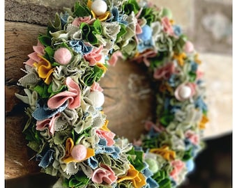 Easter wreath, felt, handmade, fabric, greens, pinks, blues, sustainable