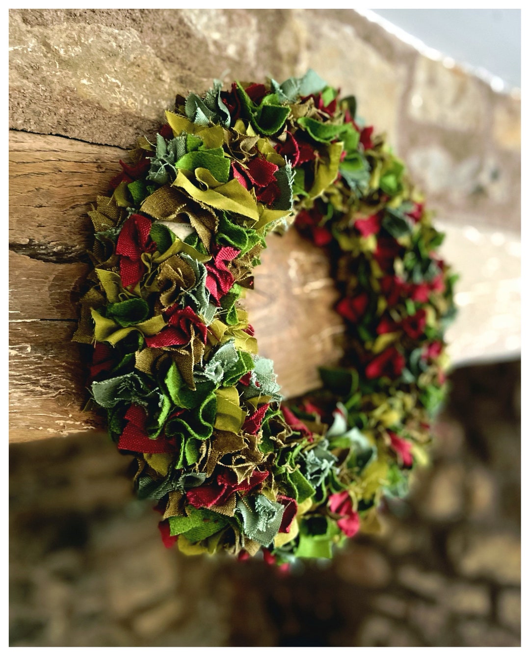 Christmas Wreath Rag Fabric, Handmade, Sustainable, Red, Green 25cm ...