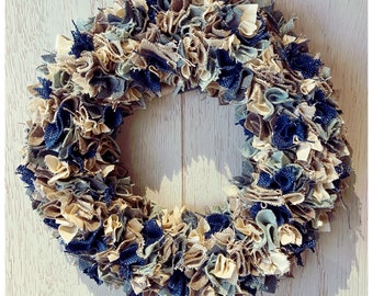 Coastal Wreath, seaside, fabric, teacher gift, wreath, blue, stone, cream, teal, sustainable, eco