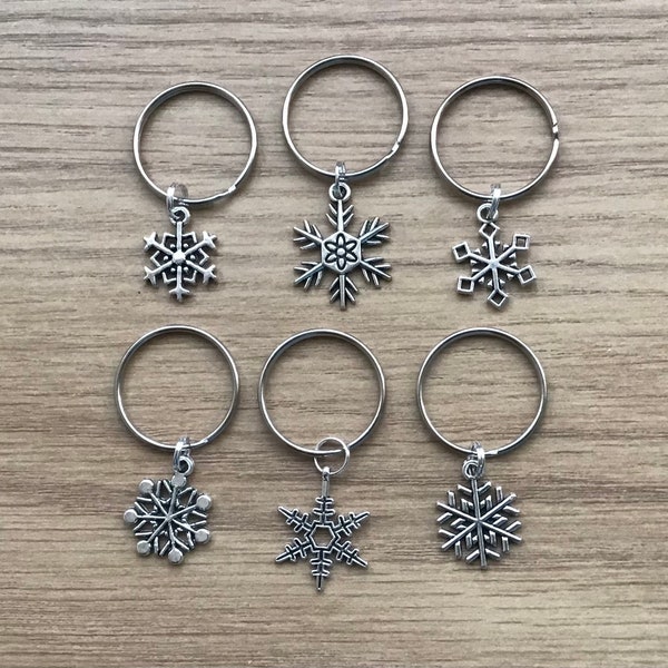 SALE 6 ASSORTED SNOWFLAKE Keyrings - Christmas Cracker Fillers, Stocking Presents, Small Gifts, Party Bags
