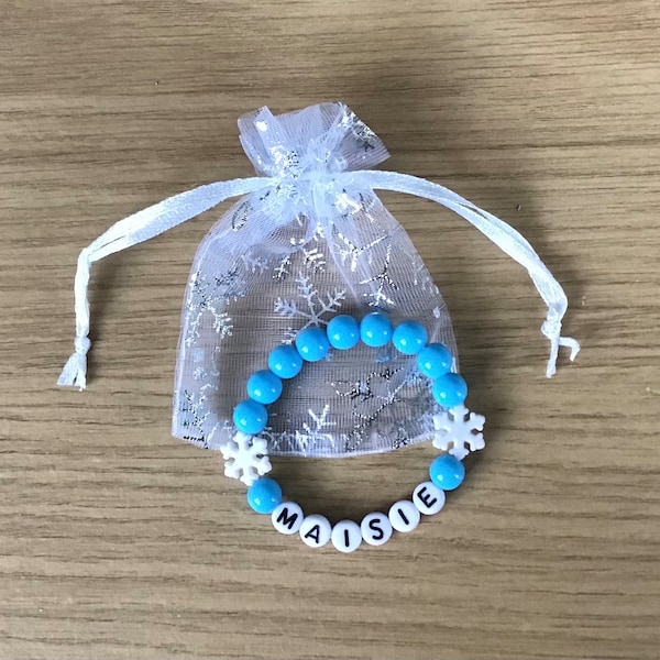 PERSONALISED SNOWFLAKE Blue Bracelet and Gift Bag - Childrens Party Bag Favours and Gifts - Christmas Stocking Filler Present
