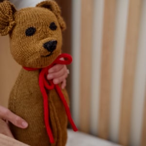 May include: A knitted teddy bear in shades of brown with black eyes and nose, and a red ribbon around its neck. The bear is held in front of a wooden crib.