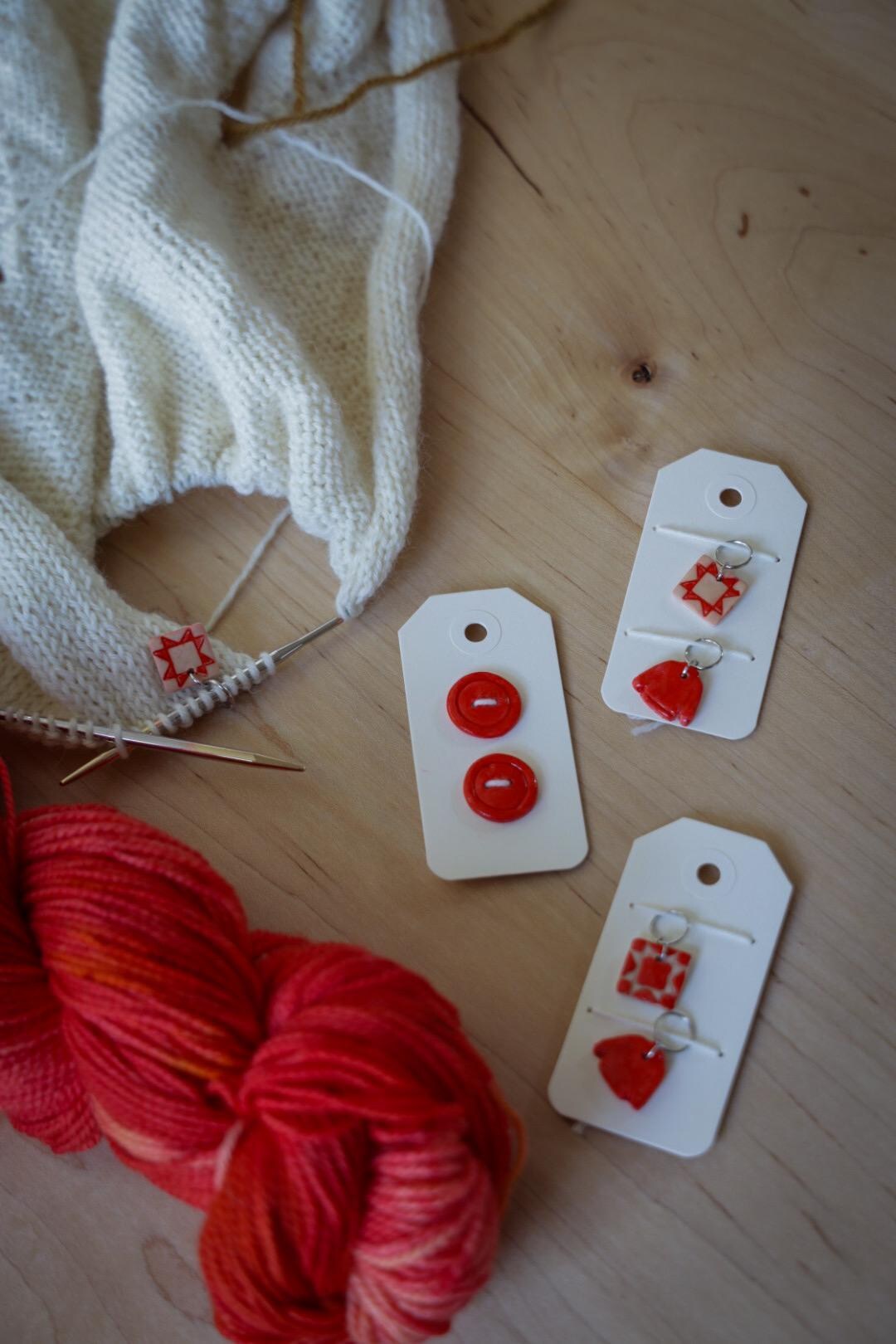 Handmade Bright Red Buttons and Stitch Markers | Knitting Markers ...