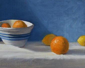 Citrus Against Blue, 10" x 5", print of original oil painting