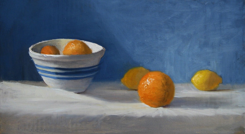 Citrus Against Blue, 10 x 5, print of original oil painting image 1