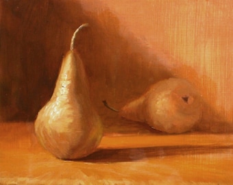 Pear Duo, 7" x 7", print of original oil painting on heavy weight paper mounted on light weight board