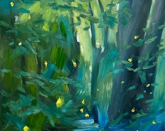 Fireflies oil painting on board (nocturn)