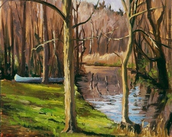 Early Spring River Landscape with Canoe