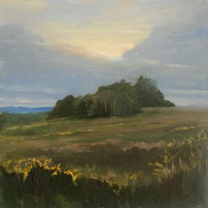 Puede incluir: Una pintura de un paisaje con un grupo de árboles en la distancia. El cielo es de un azul claro con nubes blancas. El primer plano es un campo de hierba verde.