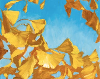 Non-Native Vignette; Gingko biloba (gingko) print on stretched canvas of an original oil painting