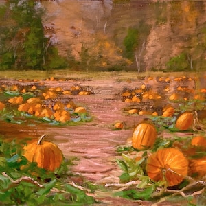 May include: A painting of a field of pumpkins in the fall. The pumpkins are scattered across the field, with some in the foreground and others in the background. The field is surrounded by trees, and the sky is a soft blue.