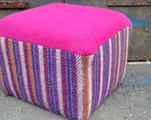 Reupholstered Fuchsia Wool Pouf