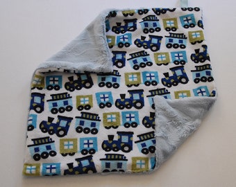 READY TO SHIP Train Minky Blanket Lovey-Security Blanket Cuddly Minky Train Print and Blue Hide Minky Backing