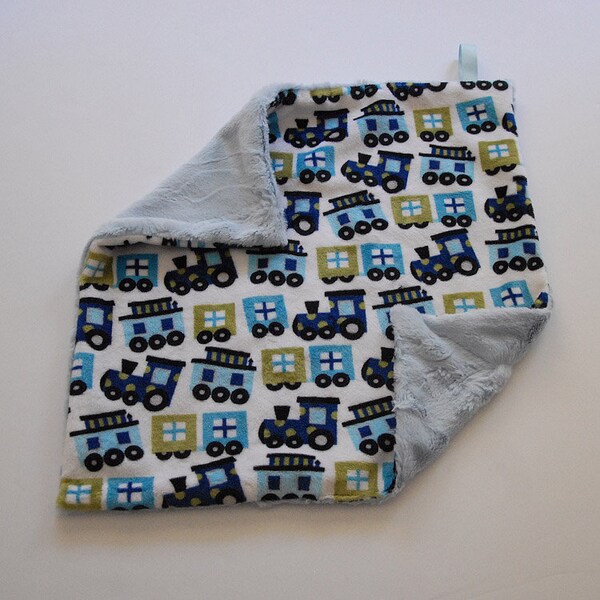 READY TO SHIP Train Minky Blanket Lovey-Security Blanket Cuddly Minky Train Print and Blue Hide Minky Backing