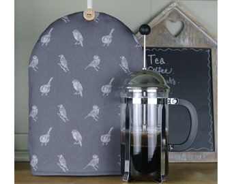 Handmade British Birds Cafetiere Cosy, Charcoal Grey Coffee Pot Cover