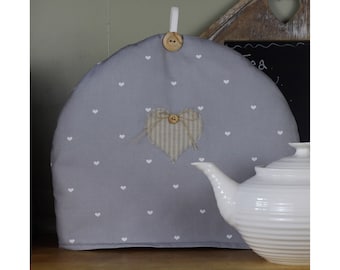 Shabby Chic Tea Cosy. Grey Polka Dot with Heart Applique. Grey home decor kitchen