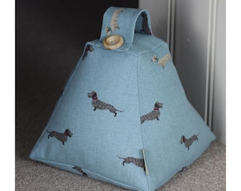 Dachshund Fabric Doorstop: Handmade in Sophie Allport Dachshund teal design print