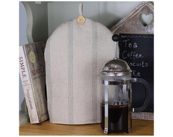 Farmhouse Coffee Cosy | Natural Linen Cafetiere Cover, Striped Cotton Fabric | Housewarming Coffee gift