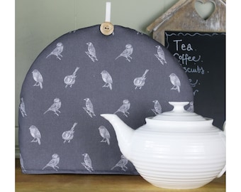 British Birds Tea Cosy: Charcoal Grey Cotton, Tea Lover Gift