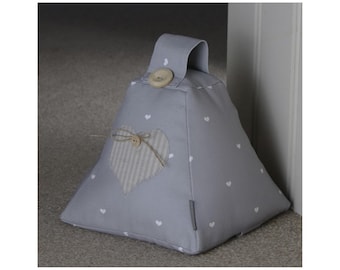 Modern Rustic Farmhouse Grey Fabric Doorstop Doorstopper Earl Grey Polka Dot Heart Applique.