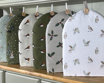 Christmas Coffee Cafetiere Cosy Cover. Handmade in Sophie Allport Robin, Holly, Owls Christmas fabric. Christmas Coffee Gift