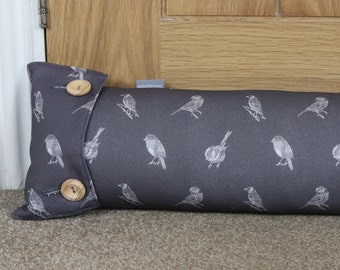 Draught Excluder Draft Excluder Charcoal Grey British Birds Fabric. Birdwatching Bird lover gift.