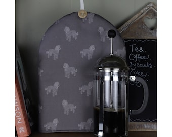 Cockapoo gift. Cafetiere Coffee Cosy in Cockapoo Fabric (Mink) designed by Harris & Home. Gift for Cockapoo lover.