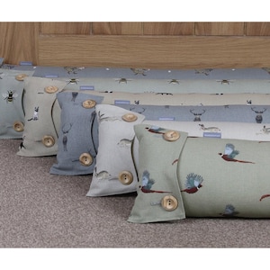 Draught excluder door draft stopper in Sophie Allport designs. Handmade in Bees Dog Chicken Flamingo Stags Fabrics