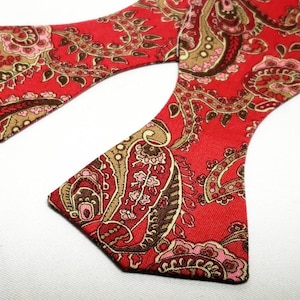Rich Red  and Burgundy Paisley Adjustable Bow Tie, Spade Shape, Traditional Self Tie or Pre-Tied