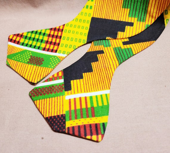 Yellow Print Kente Cloth Self Tie or Pre-Tied Bowtie, 100% Cotton Fabric, adjustable up to 19 inches with metal bow tie slides