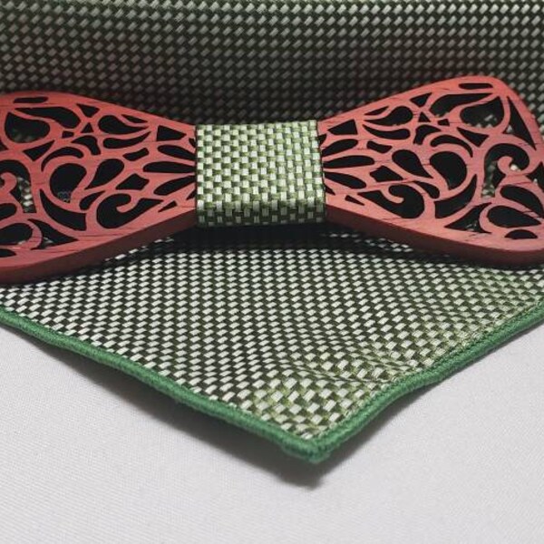 Sculptured Wooden Bow Tie with coordinating knot and pocket square. 5 different color varieties.