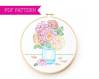 Hand Embroidery Pattern, PDF Embroidery, Floral Embroidery Design, Flower Pattern, Blue Jar pattern, PDF Pattern, Hoop Art, Hand Embroidery