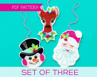 Set of 3 PDF Felt Patterns, Felt Deer, Snowman Ornament, Santa Ornament, Christmas Ornament, Sewing Pattern, Wool felt, Holiday Ornaments