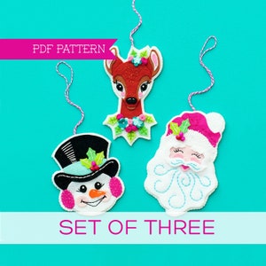 Set of 3 PDF Felt Patterns, Felt Deer, Snowman Ornament, Santa Ornament, Christmas Ornament, Sewing Pattern, Wool felt, Holiday Ornaments