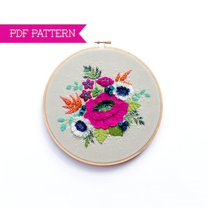 PDF Embroidery Pattern, Modern Embroidery, Peony Pattern, DIY Needlework, Floral Embroidery, Flower Needlepoint, Flower Hoop Art, DIY hoop