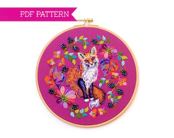 PDF Embroidery Pattern, Forest Fox, Flower Embroidery Pattern, Animal Embroidery Design, Flower Pattern, Woodland Embroider