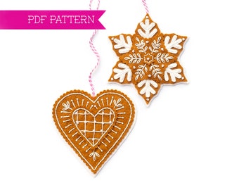 Gingerbread Snowflake Felt PDF Pattern, Gingerbread Heart Ornament, Christmas Cookie Decorations, DIY ornament, Christmas craft, Wool Felt