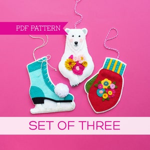 Set of 3 PDF Felt Patterns, Polar Bear Ornament, Teacher Gift, Ice Skate, Xmas Ornament, Vintage Holiday, Holiday Ornament, Winter Ornaments image 1