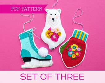 Set of 3 PDF Felt Patterns, Polar Bear Ornament, Teacher Gift, Ice Skate, Xmas Ornament, Vintage Holiday, Holiday Ornament, Winter Ornaments