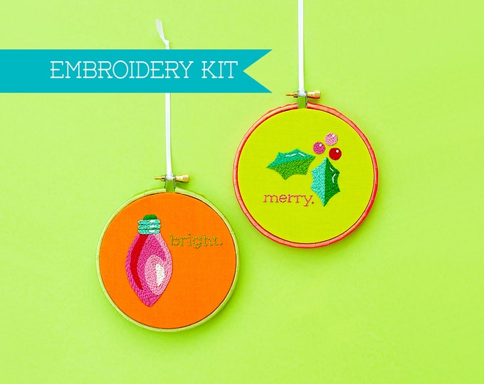 Ornament Supply Kit, Embroidery Kit Beginner, Holly Ornament, Christmas