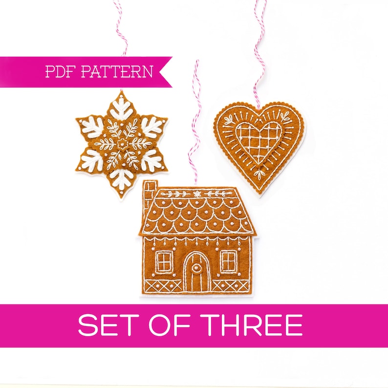 Gingerbread House Felt PDF Pattern, Gingerbread Ornament, Christmas Cookie Decorations, DIY ornament, Christmas craft, Wool felt pattern image 1