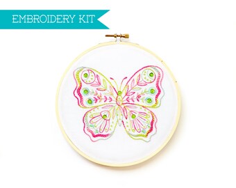 6-inch Butterfly On White Embroidery Supply Kit, DIY Kit, Moth Sewing Pattern, DIY Craft Kit, Modern Embroidery, Needlework Kit, Cottagecore