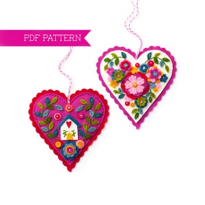 Felt PDF Pattern, Heart Ornaments, DIY ornament, Valentine's crafts, Wool felt pattern, Felt flowers, Home pattern, Cottagecore decor