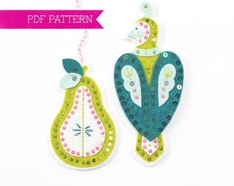 Felt PDF Pattern, Partridge and Pear Ornaments, Christmas Ornament, DIY ornament, Christmas crafts, Wool felt pattern, 12 days of Christmas