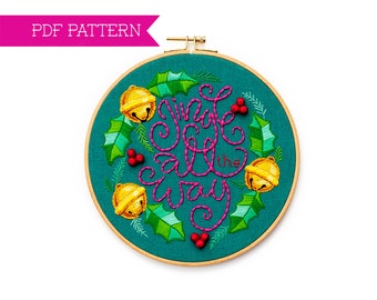 PDF Embroidery Pattern, Jingle All The Way, Holiday Stitching, Christmas Holly pattern, DIY Holiday craft, Jingle Bell Design, cottagecore