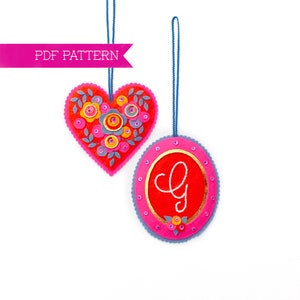 Felt PDF Pattern, Heart Ornaments, DIY ornament, Valentine's crafts, Wool felt pattern, Felt flowers, Monogram pattern, Cottagecore decor